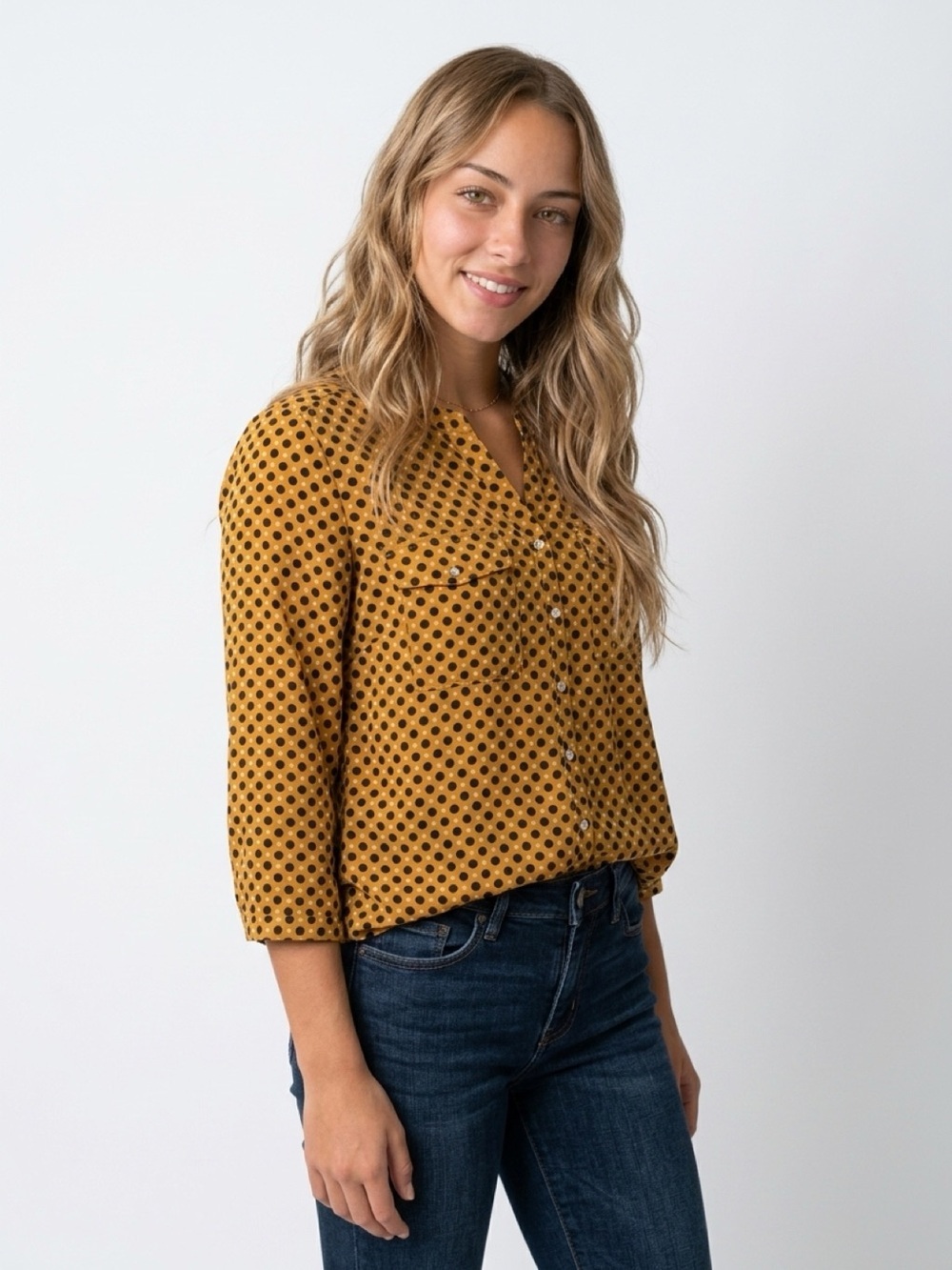 Notations Women's Yellow Polka Dot 3/4 Sleeve V-Neck Blouse Size L